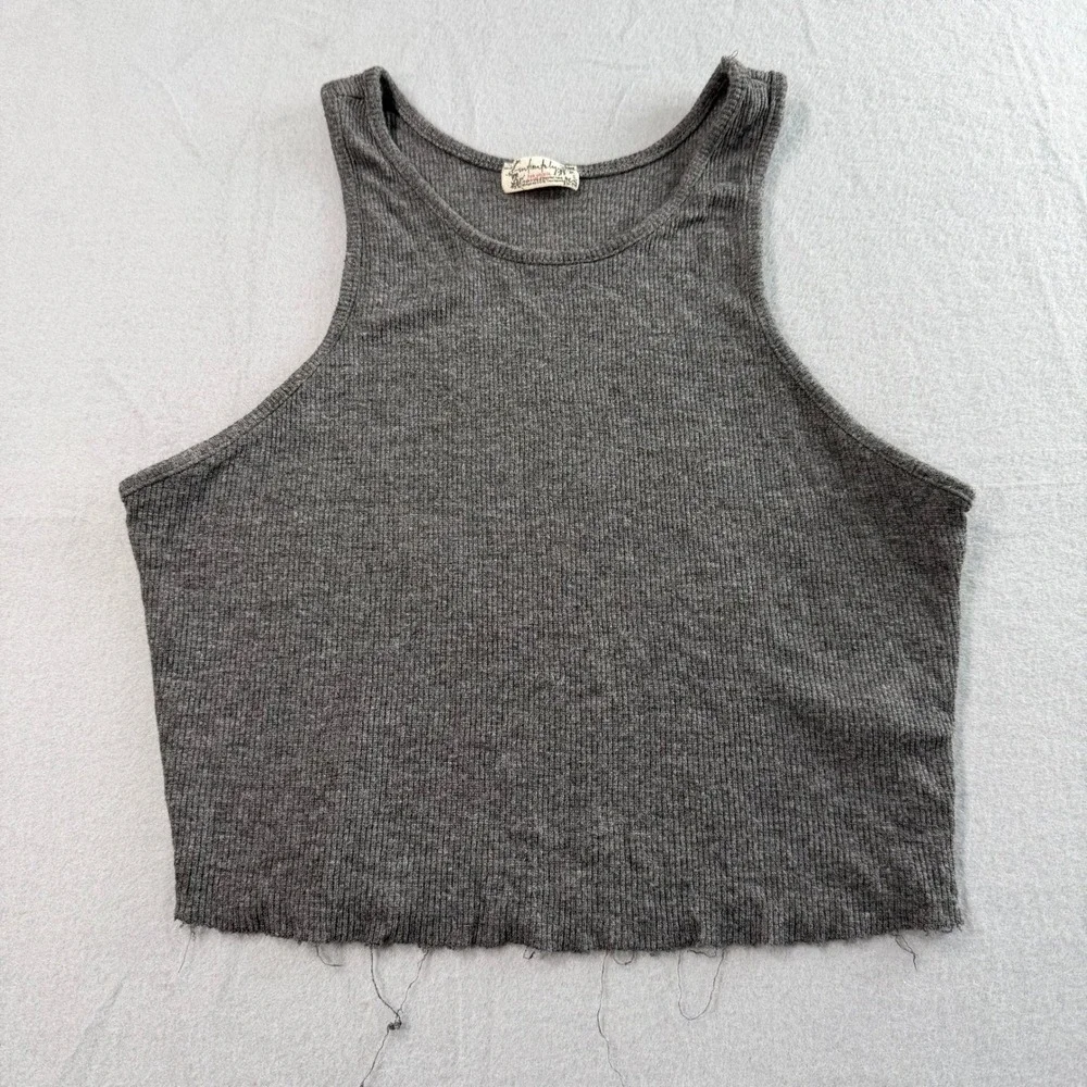 Free People Gray Festival Tank Top Womens XS Ribbed Knit Raw Hem Cropped Boho